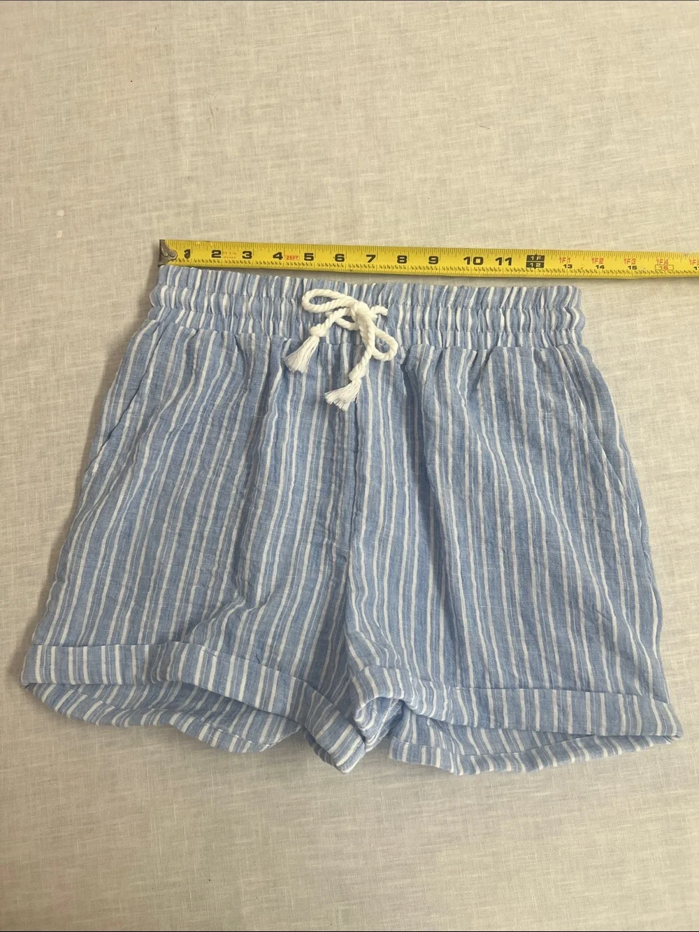 🌞 Ci Sono Light Blue & White Striped High-Waist Drawstring Shorts women S